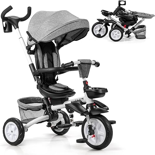 BABY JOY Triciciclo bicicleta plegable 7 en 1 para niños pequeños con mango de empuje extraíble asiento giratorio toldo ajustable arnés de seguridad