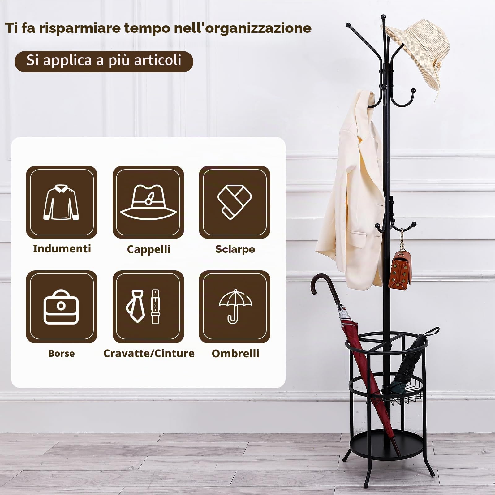 Appendiabiti in metallo con portaombrelli 12 ganci per corridoio, 182 cm, autoportante, appendiabiti per vestiti, cappelli, borse, utilizzato in ingresso, soggiorno, camera da letto, ufficio