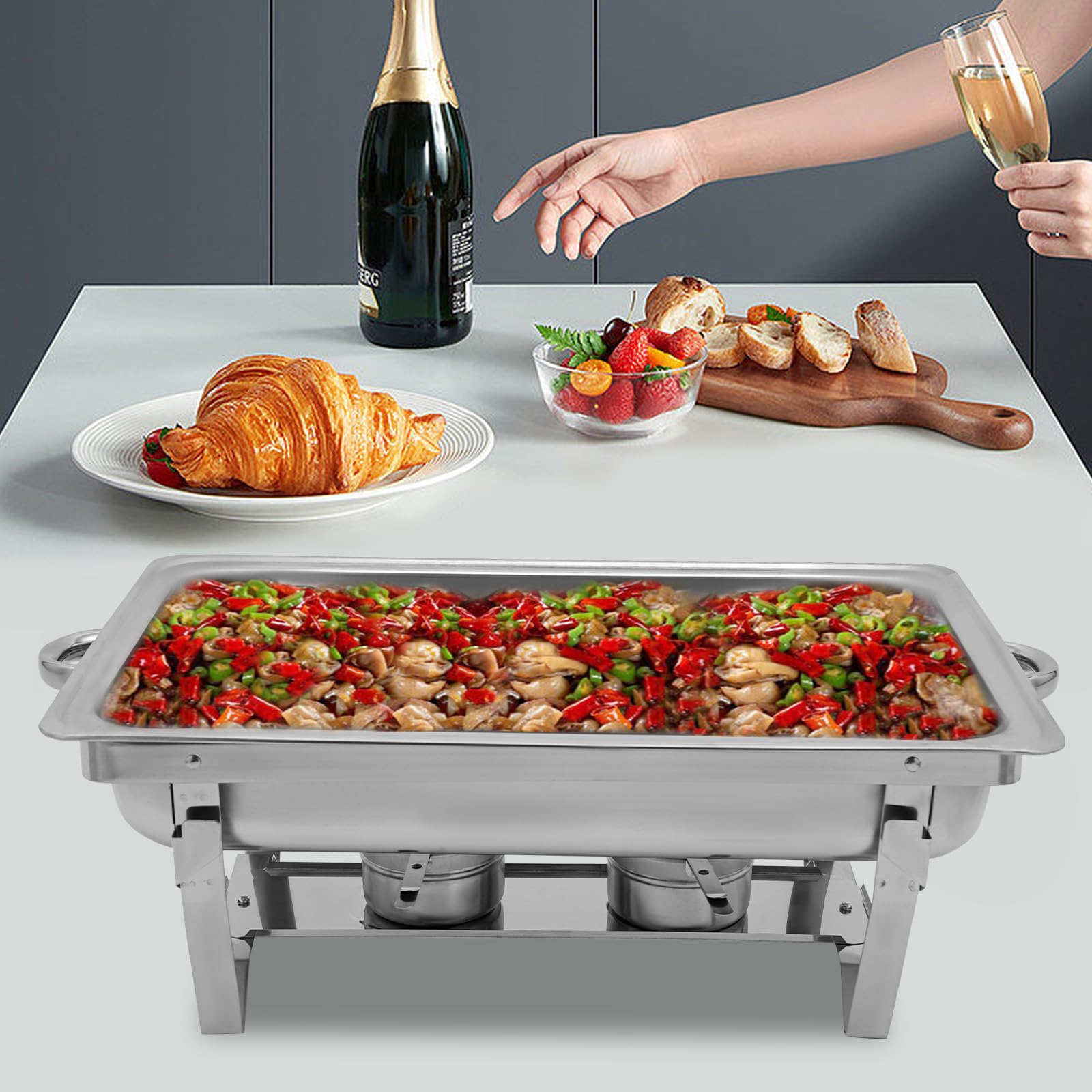 Scaldalibi da 9 l, contenitore termico in acciaio inox, telaio pieghevole in acciaio inox, set da buffet argentato, rettangolare, per catering buffet e feste (1 vassoio)