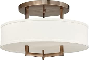Hinkley Hampton Semi-Flush Three Light 20-in Dia. Ceiling Mount, Off-White Linen Drum Shade, Acrylic Diffuser, Brushed Bronze Finish