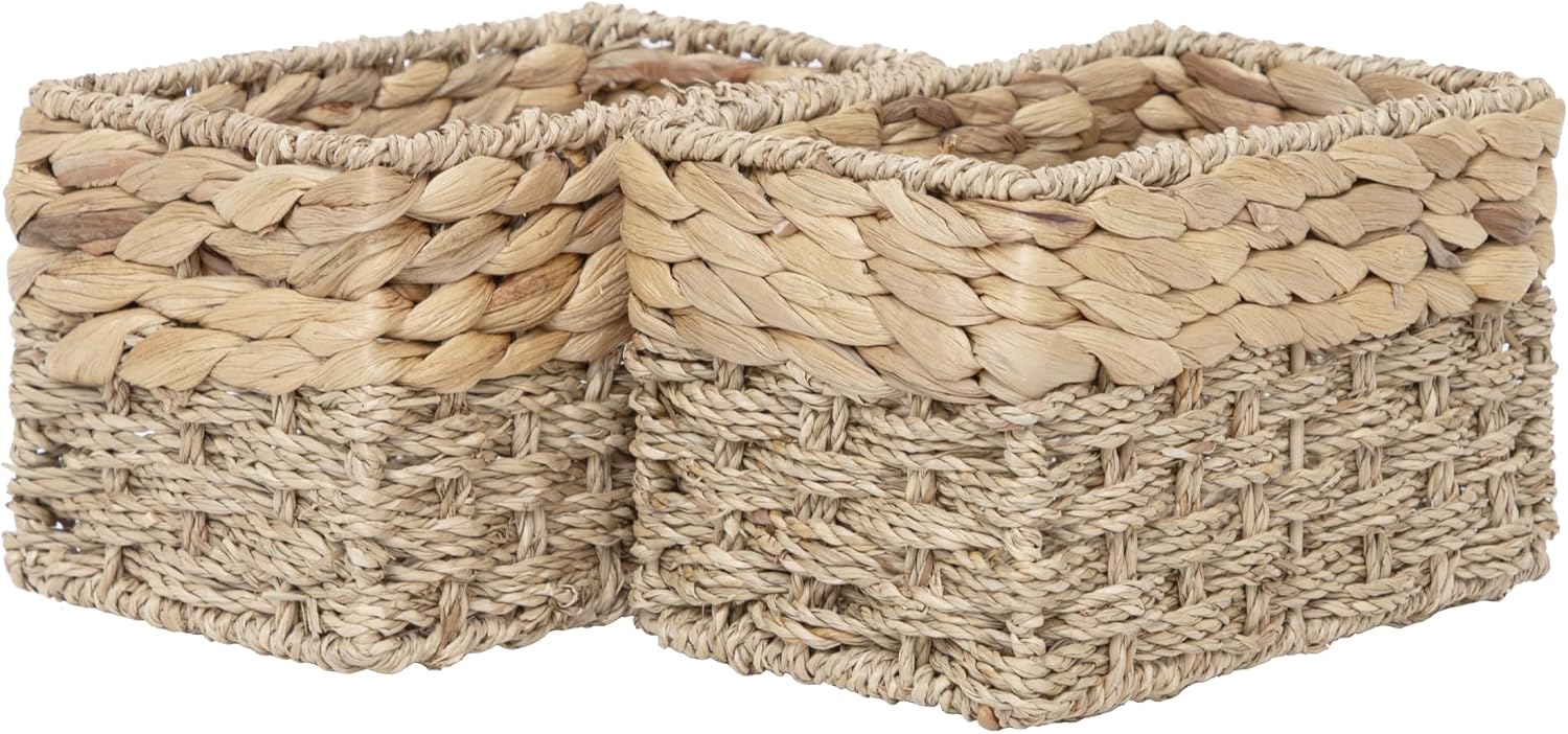 Handmade Water Hyacinth Storage Basket, Woven Basket Organizer with Inner Handles for Home & Office Decor (Small-2PCS)