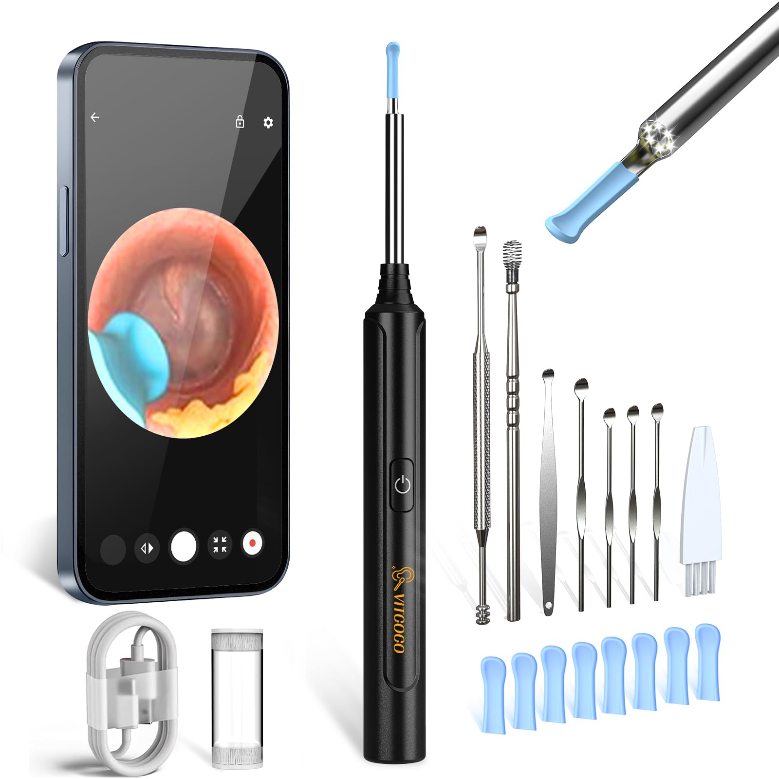 Ohrenschmalz Entferner mit Kamera, VITCOCO 1296P HD Ohrenreiniger mit 6 LED Licht, 3,5mm Ultradünnes Otoskop mit 8 Stück Ersatzlöffel, Ohrenkamera Kompatibel mit iOS & Android Smartphone, Schwarz