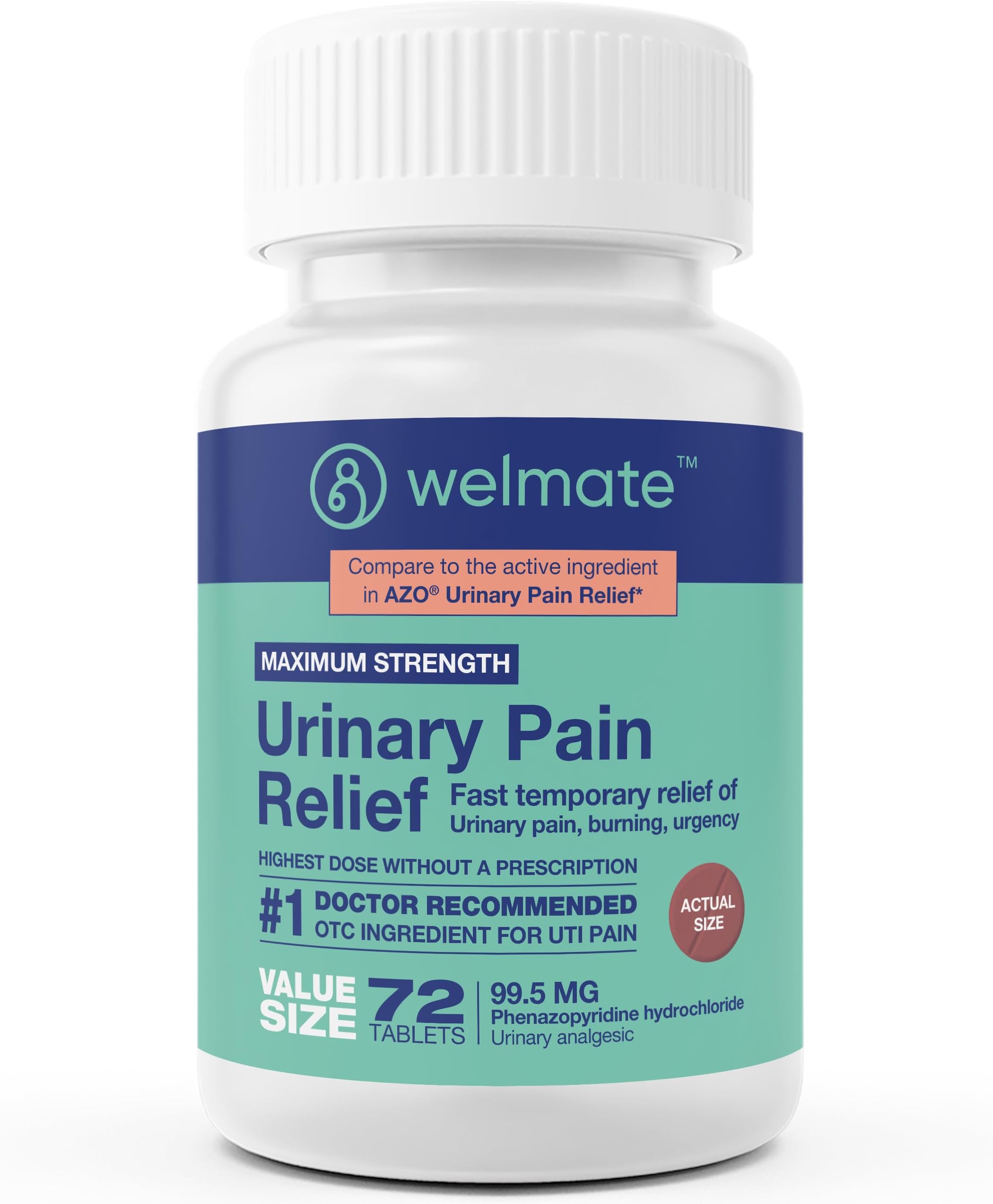 WELMATE UTI Medicine Urinary Pain Relief Maximum Strength 72 Count - Phenazopyridine HCl 99.5mg Tablets, Fast Relief for Burning, Urgency, Bladder Infection Discomfort, OTC for Men and Women