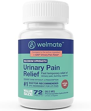WELMATE Urinary Pain UTI Relief Maximum Strength (Phenazopyridine HCL) - Improve Urinary Tract Health & Bladder Control, Urgency, & Discomfort | Over-The-Counter Medication for Men & Women (72 Pills)