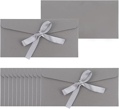 50 Pieces Grey Envelopes with Bow Tie Closure, Paper Greeting Card Holders for Invitations Mail Postcard Bills Wedding Party Favors Business Cards, 8.66 x 4.33 Inches