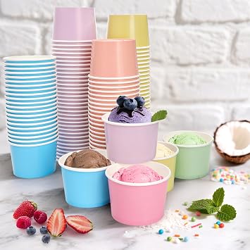 Lawei 300 Pack Paper Ice Cream Cups, 8oz Disposable Dessert Snack Bowls for Hot or Cold Food, Cute Stackable Treat Cups for Sundae, Frozen Yogurt, Soup, Candy, Birthday Party Bar Supplies, 6 Colors