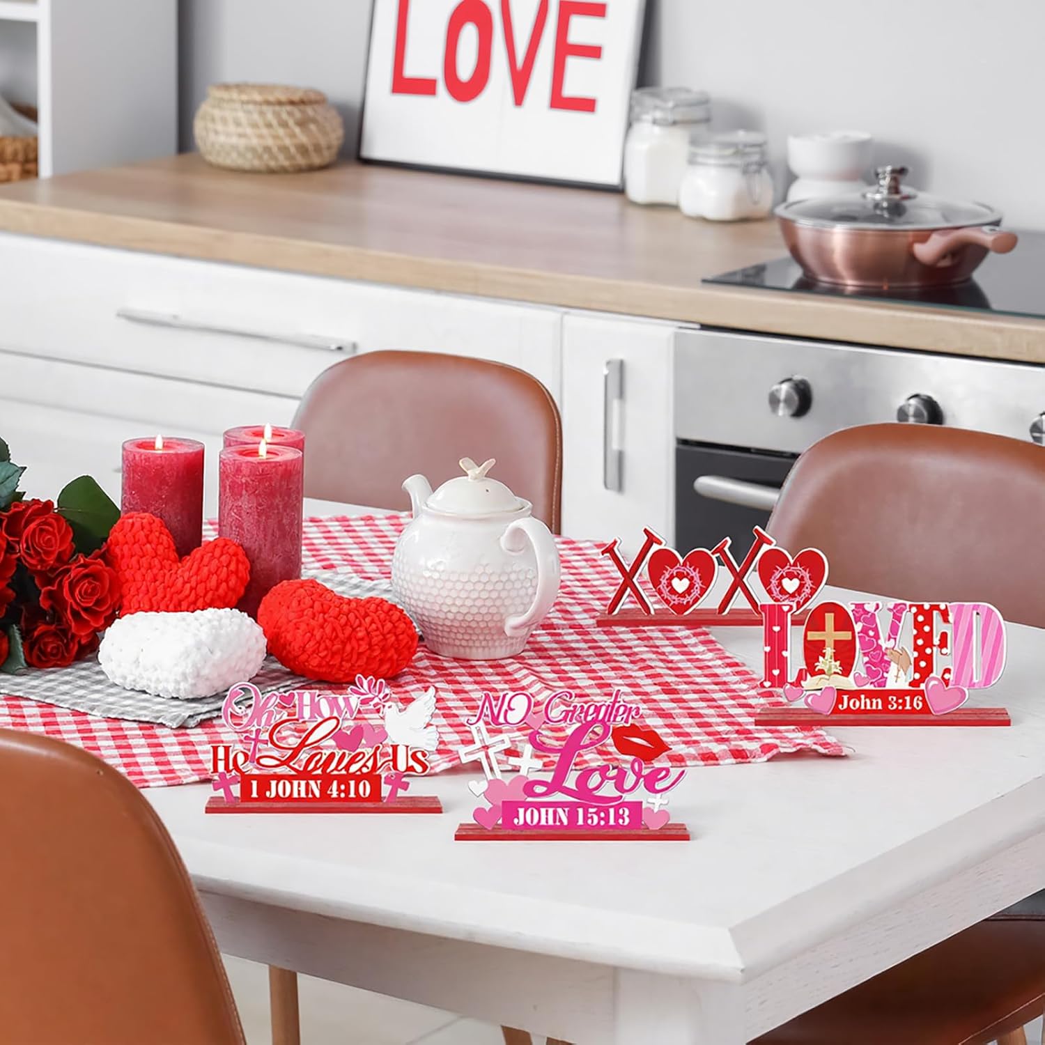 Amyhill 9 Pcs Valentine's Day Christian Wooden Table Decorations Centerpieces Religious Love Pink Red Heart Wooden Cross Sign Christian Vintage Valentines Decor for Home Shelf Block