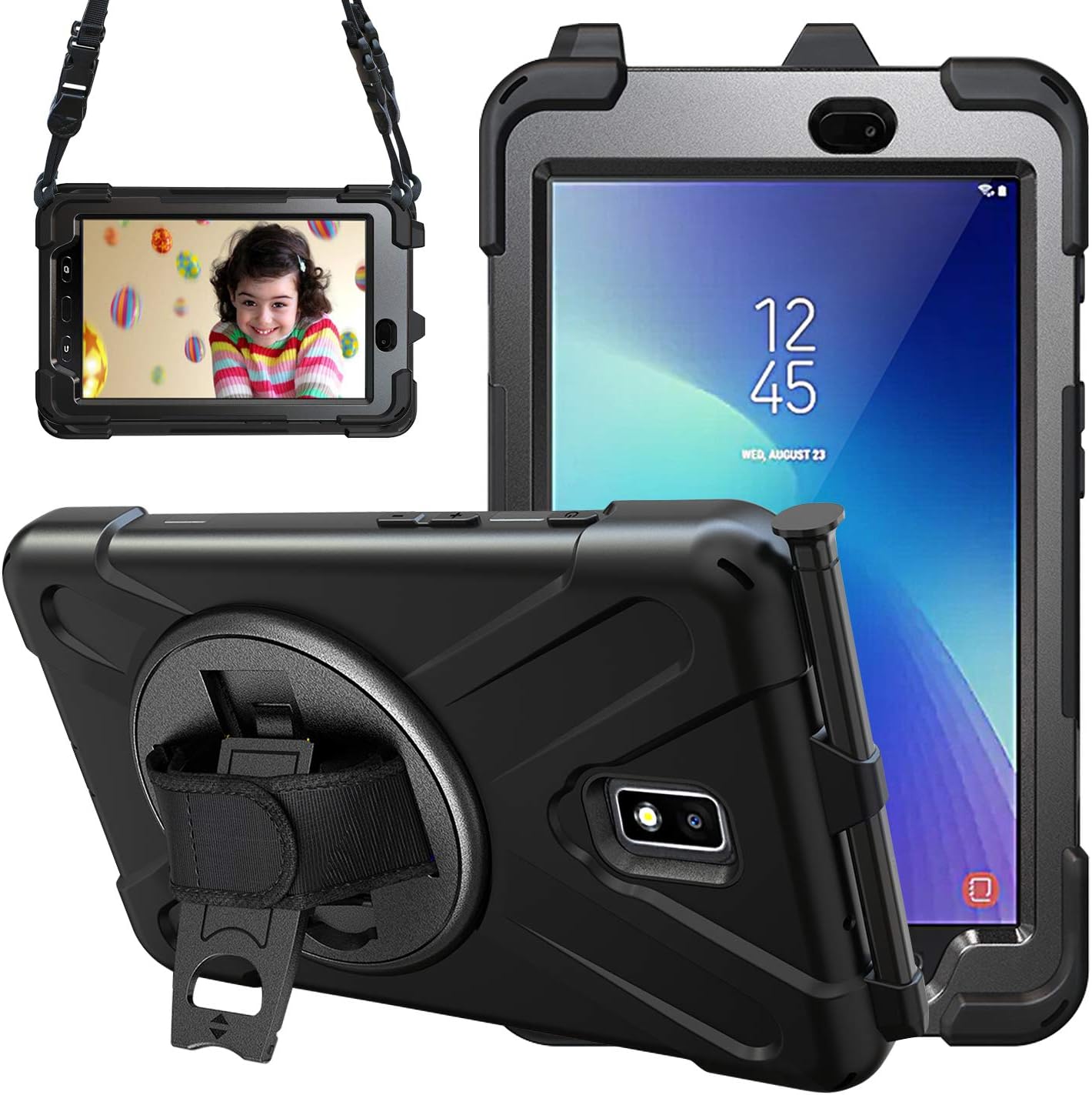 for Samsung Galaxy Tab Active 2 T390/T395/T397 Case Heavy Duty Shockproof Rugged Tough Case with Pen Holder, Rotating Stand and Hand/Carry Strap Protective Cover for Samsung Tab Active 2,Black