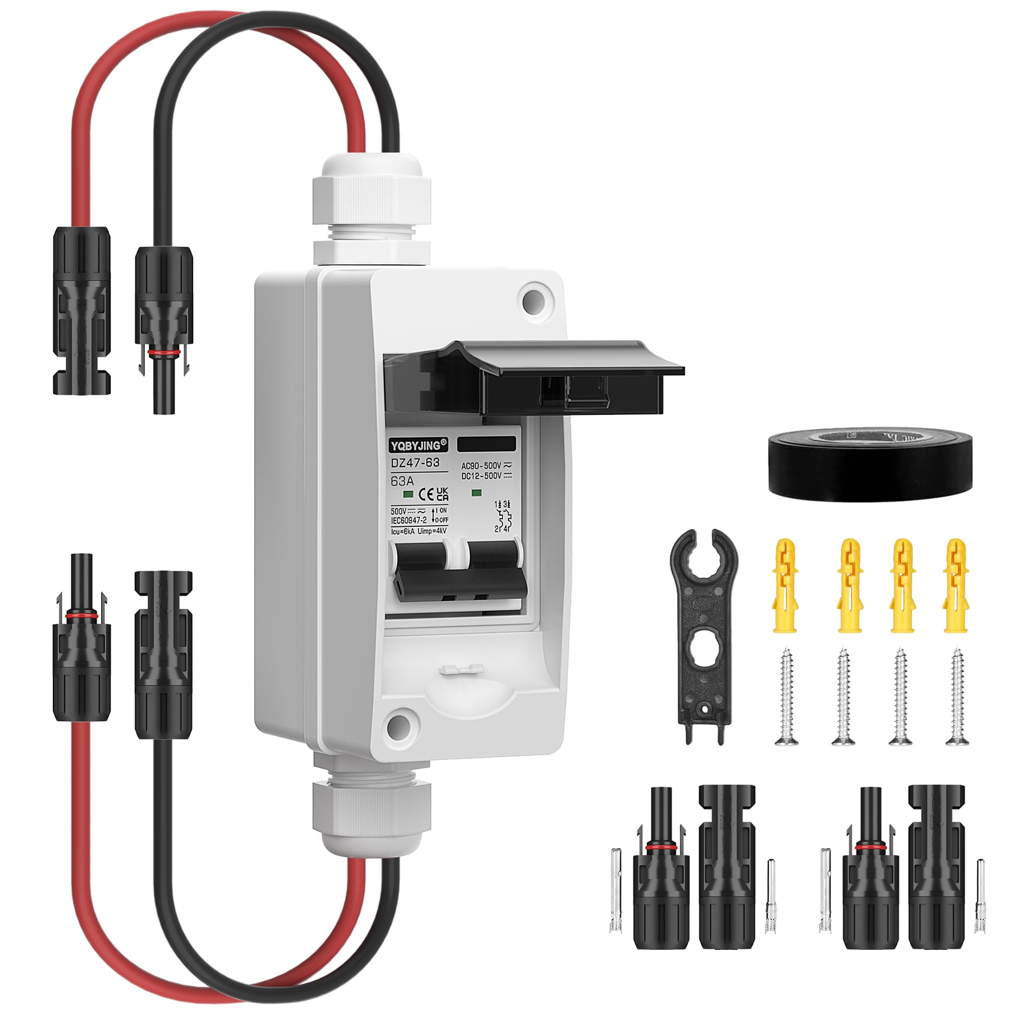 YQBYJING Solar Panel Disconnect Switch 63Amp DC AC Miniature Circuit Breaker 500V 2 Poles with PV Connector and IP65 Waterproof UV-Proof Box for