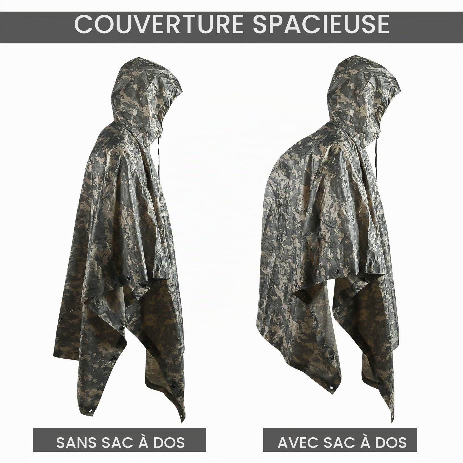 LOOGU Poncho de pluie léger et imperméable avec capuche - Design camouflage - Manteau de pluie multi-usages pour hommes et femmes - pour le camping, la pêche, la chasse et les événements