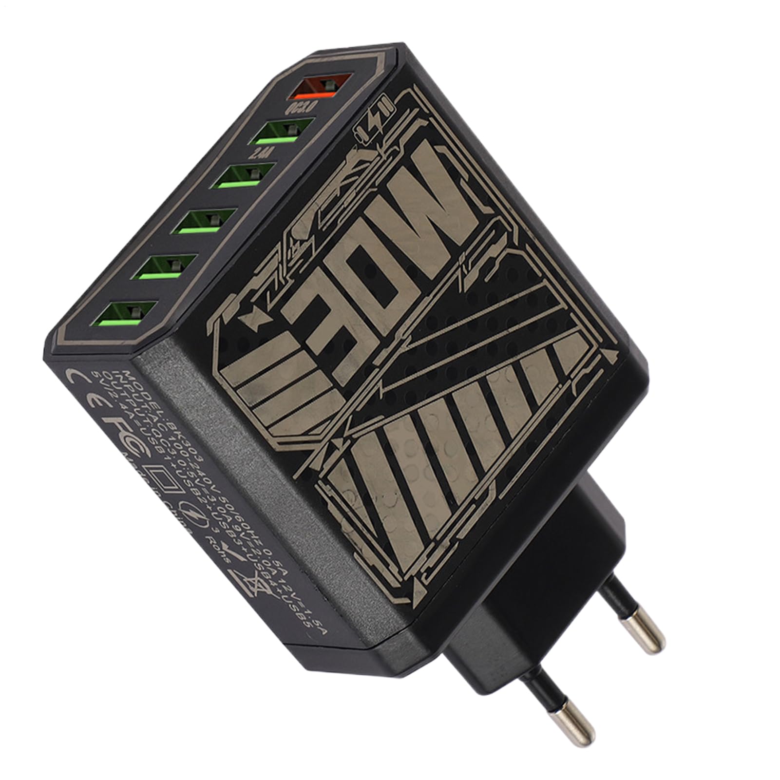 Adaptador de enchufe con 6 puertos USB, carga rápida QC3.0 y protección 8