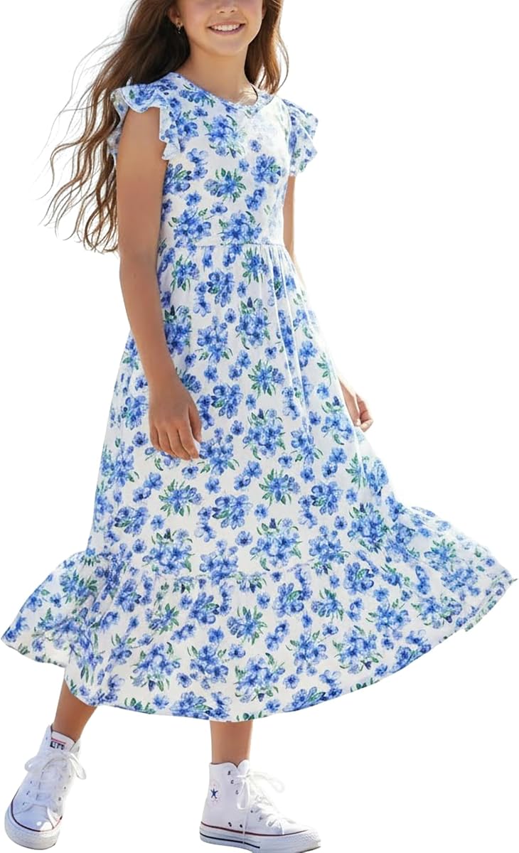 PATPAT Vestido de verano para niñas Maxi Tween Girl Teen Floral Casual Manga Corta Vestidos largos con bolsillos 5-14 años