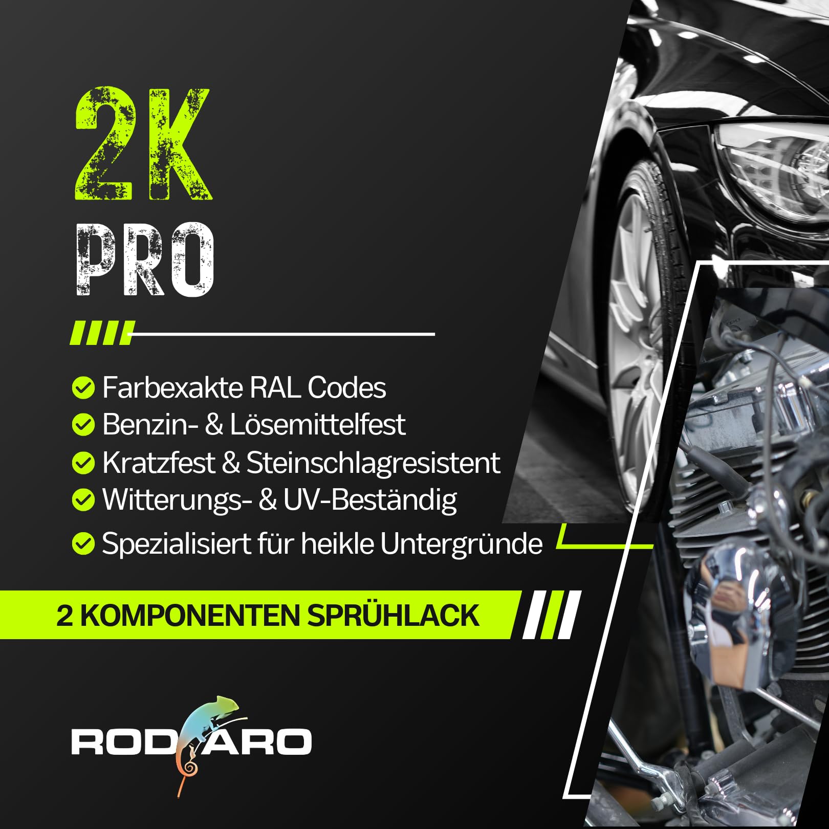2K Spraydose 250ml - 2 Komponenten Sprühlack, Schnelltrocknender Spritzlack, UV-Beständig, Stoss- und Kratzfest | RAL9005 - Tiefschwarz Glanz