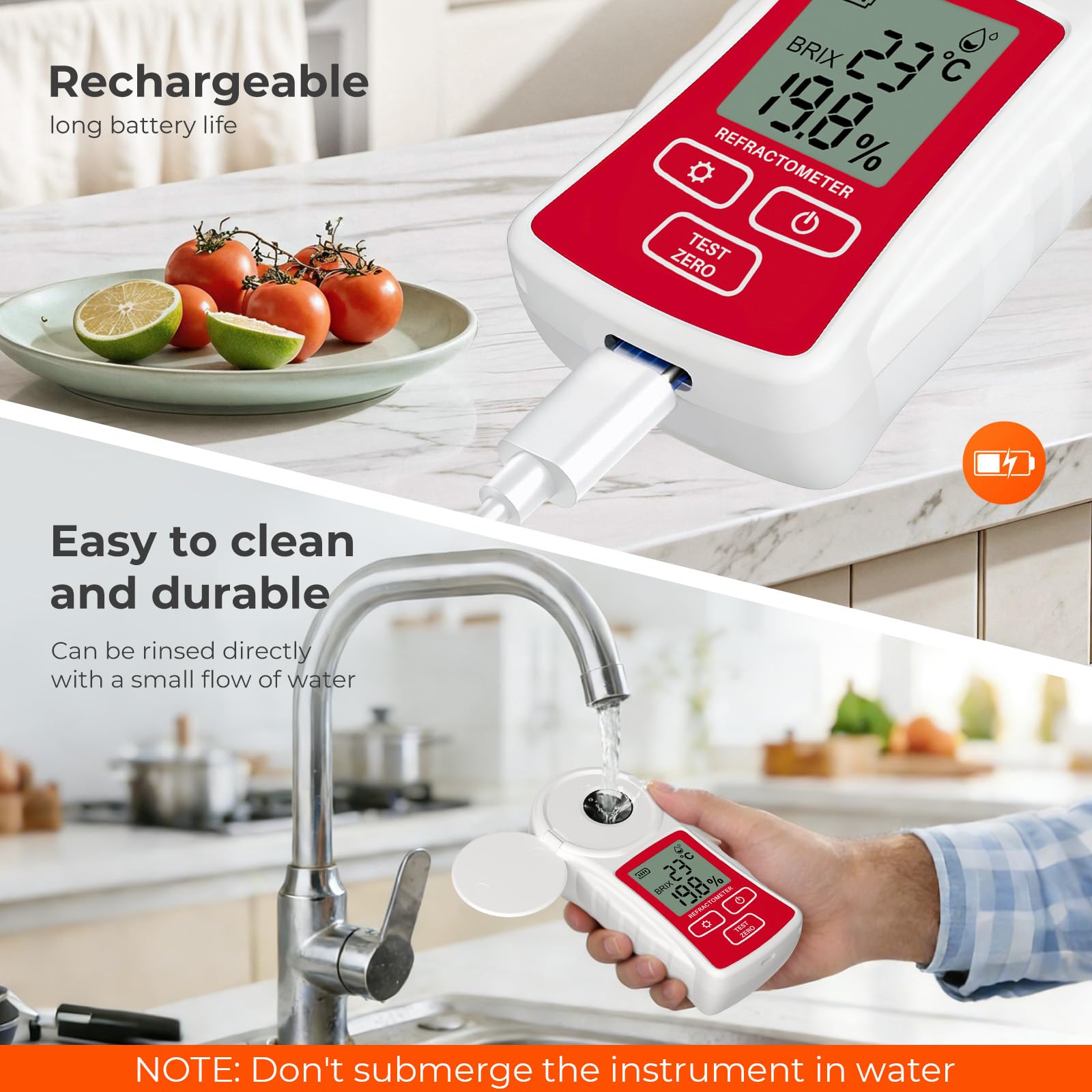 Refractómetro digital Brix con ATC, medidor Brix YOWEXA soporta calibración de interferencia antirreflejos de un solo toque, refractómetro de miel recargable para fruta/jugo/vino (0-55%, ±0.5%)