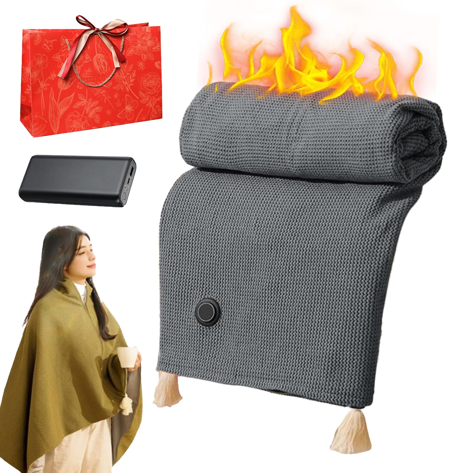 Qosneoun Women's Gray Portable Heated Shawl, Heated Shawl For Rechargeable Heated Blanket, Cordless Wearable Electric Blanket, Usb Powered, 15S Quick Heating, For Office, Nap (, With Power Bank)