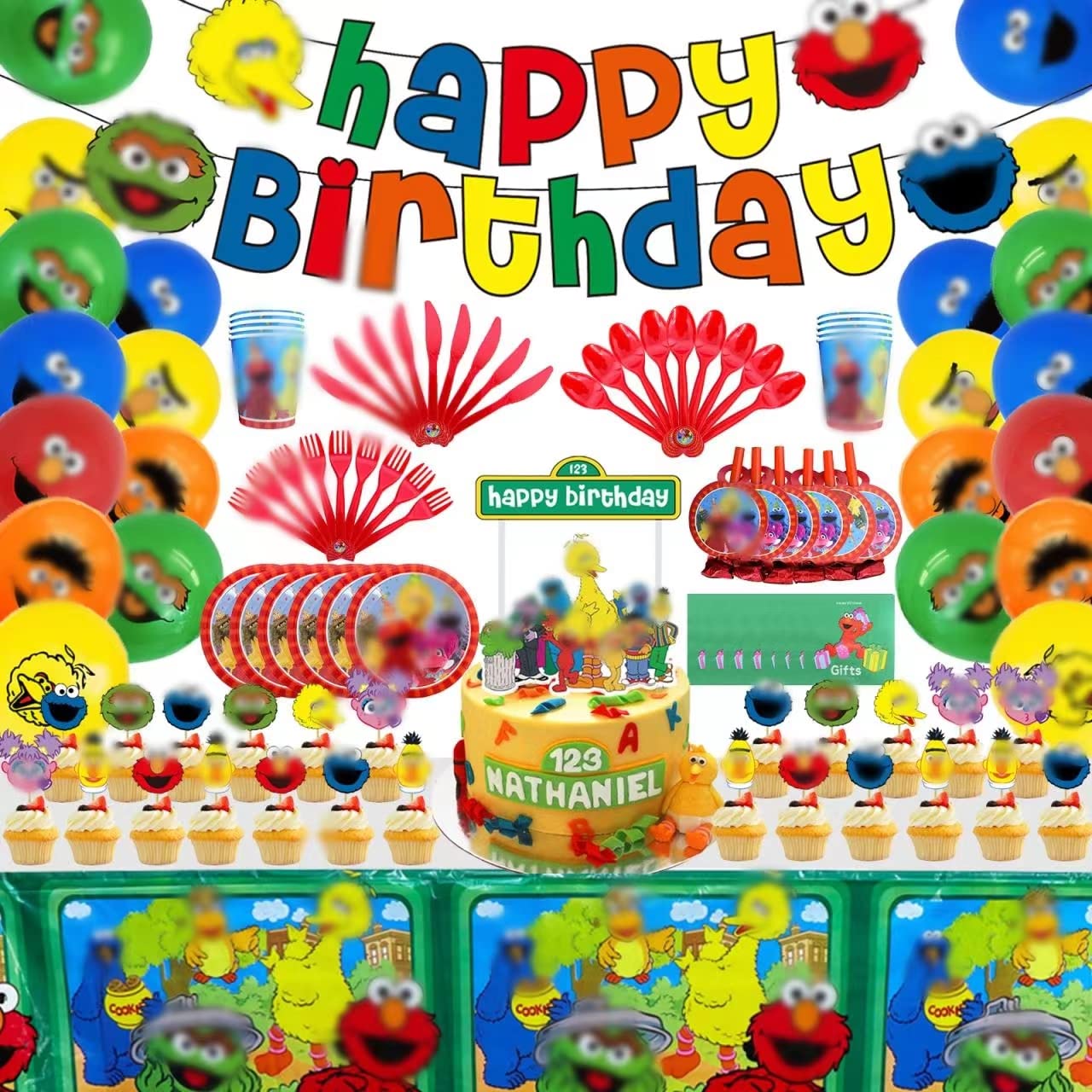 Amazon.com: Elmo Birthday Party Supplies Serves 16 Guests,167Pcs Party  Decorations Includes Tablecloth, Birthday Banner,Cake Topper,Cupcake  Toppers,Balloons,Plates,Knifes Forks ,Spoons, Cups,Napkin,Blowouts 0026 :  Toys & Games