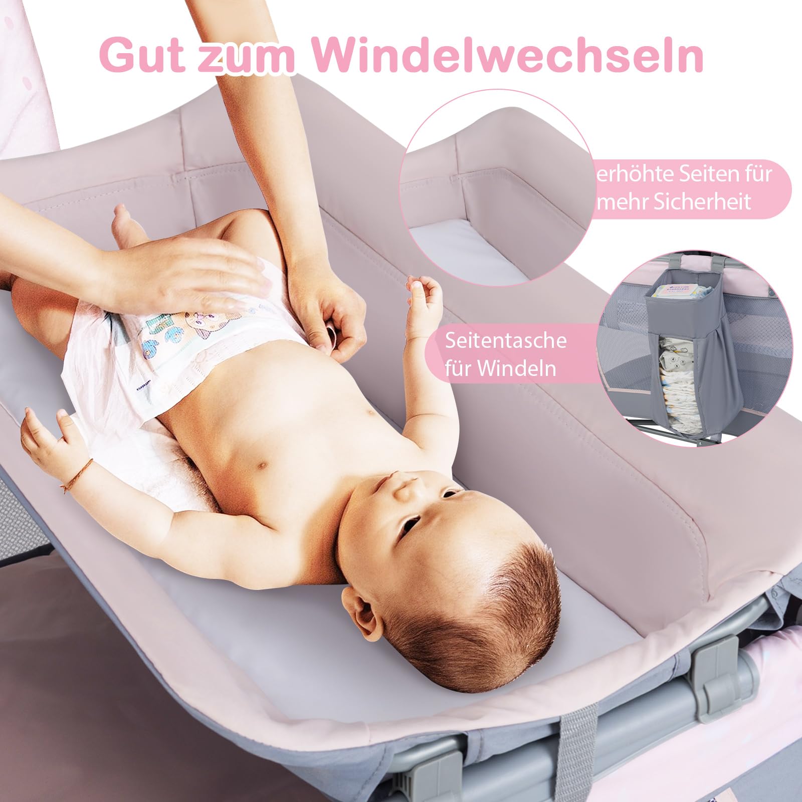 DREAMADE 5-in-1 Reisebett Baby, Beistellbett mit Matratze, Wickelauflage, Rollen & Tragetasche, Babybett mit Musikbox & Hängespielzeug, für Neugeborene und Kleinkinder (Pink)