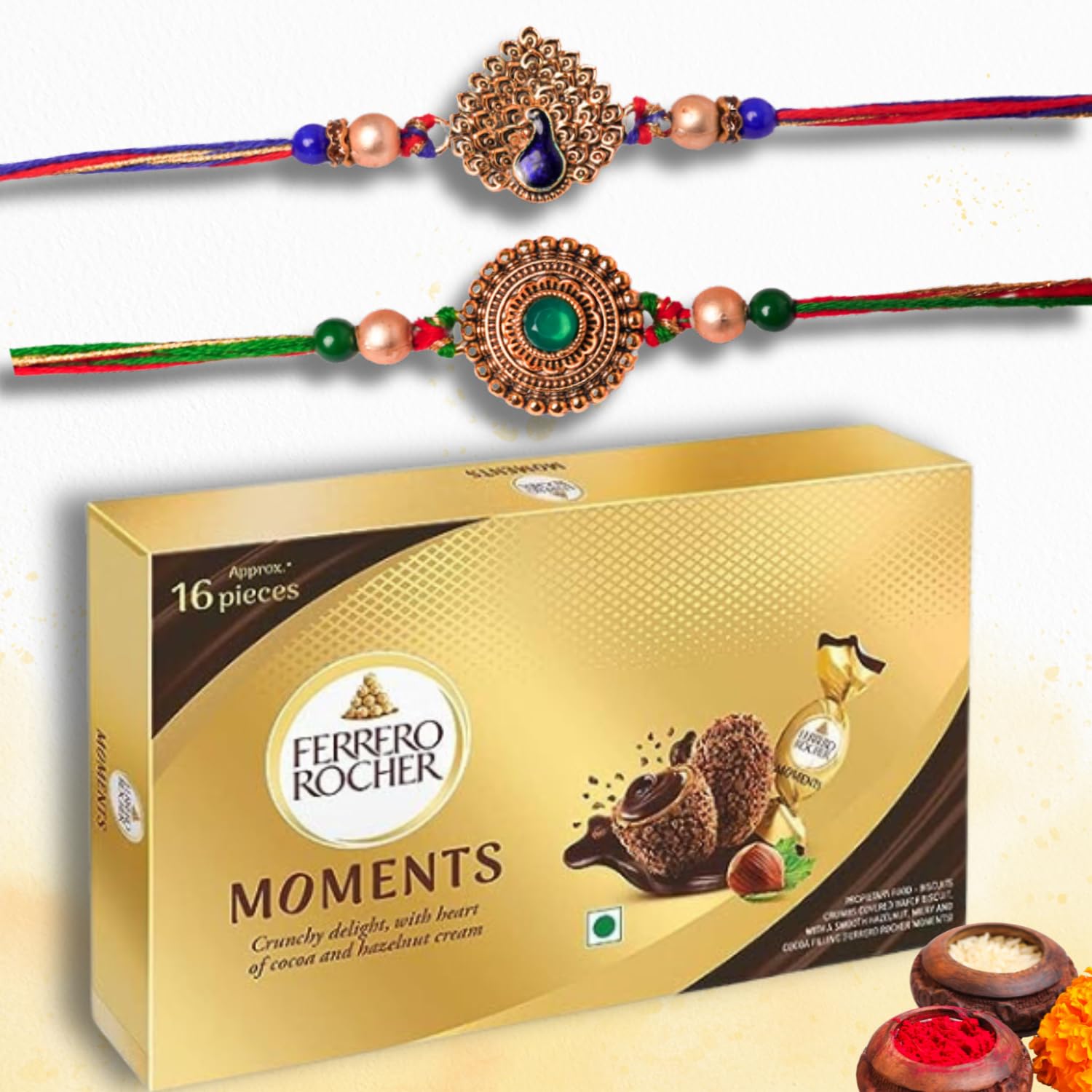 Gifticon Rakhi for Brother with Chocolate Combo Gift Set - Designer Rakhi for Brother Bhaiya with Ferrero Moments Chocolates Pack - Rakhi Set of 2 | IB-2R-Mom-MoreGreenPendal