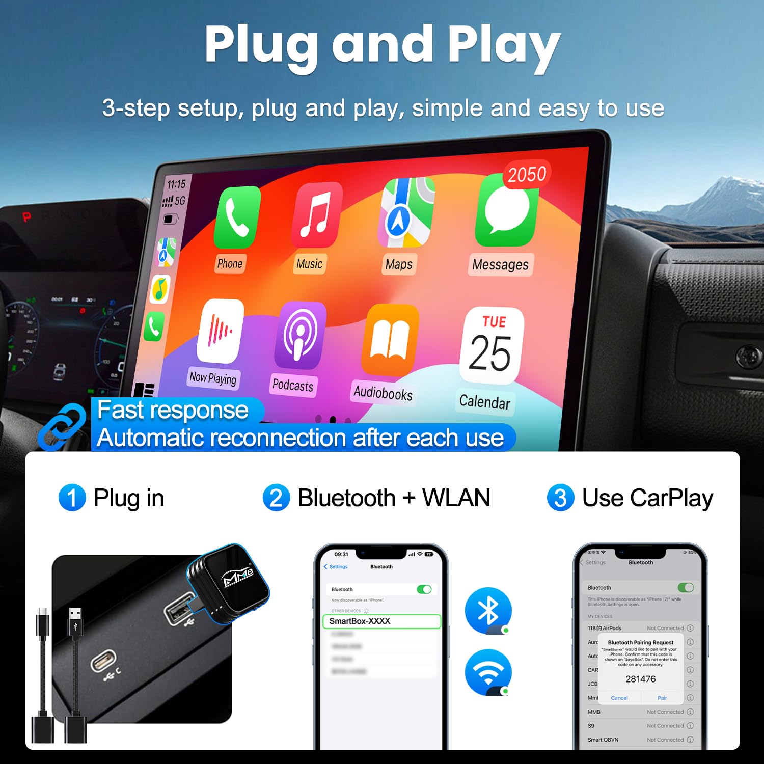 MMB CP-Ultra 2026 Adattatore Wireless CarPlay, 2-in-1 per iPhone e Android Auto, Wi-Fi 6 + Bluetooth 5.4, Converte CarPlay Cablato e Android Auto in Wireless CarPlay Adattatore Plug & Play per CarPlay