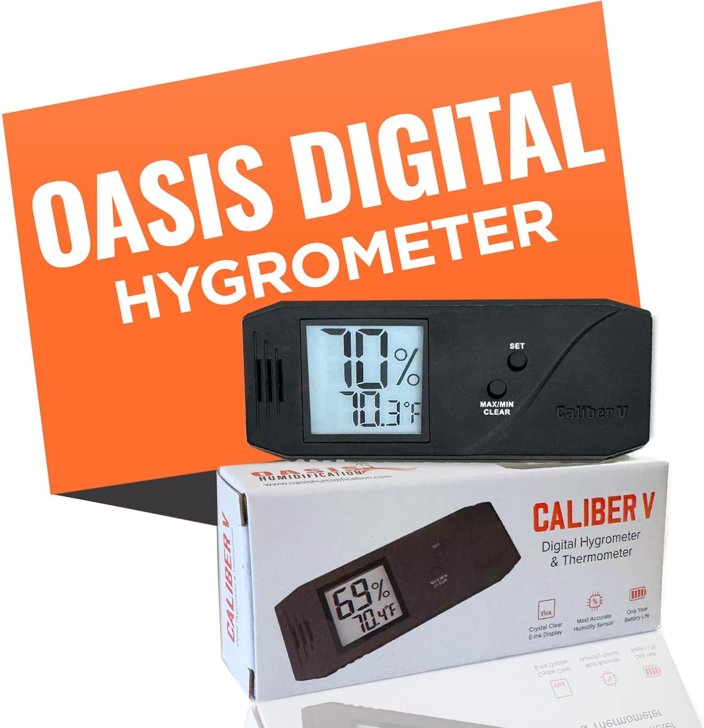 Oasis Caliber V Digital Hygrometer and Thermometer - Slim Hygrometer & Thermometer w/Digital Humidity Sensor Gauge for Precise Readings - Temperature & Humidity Sensor - Black - 4" W x 1" H