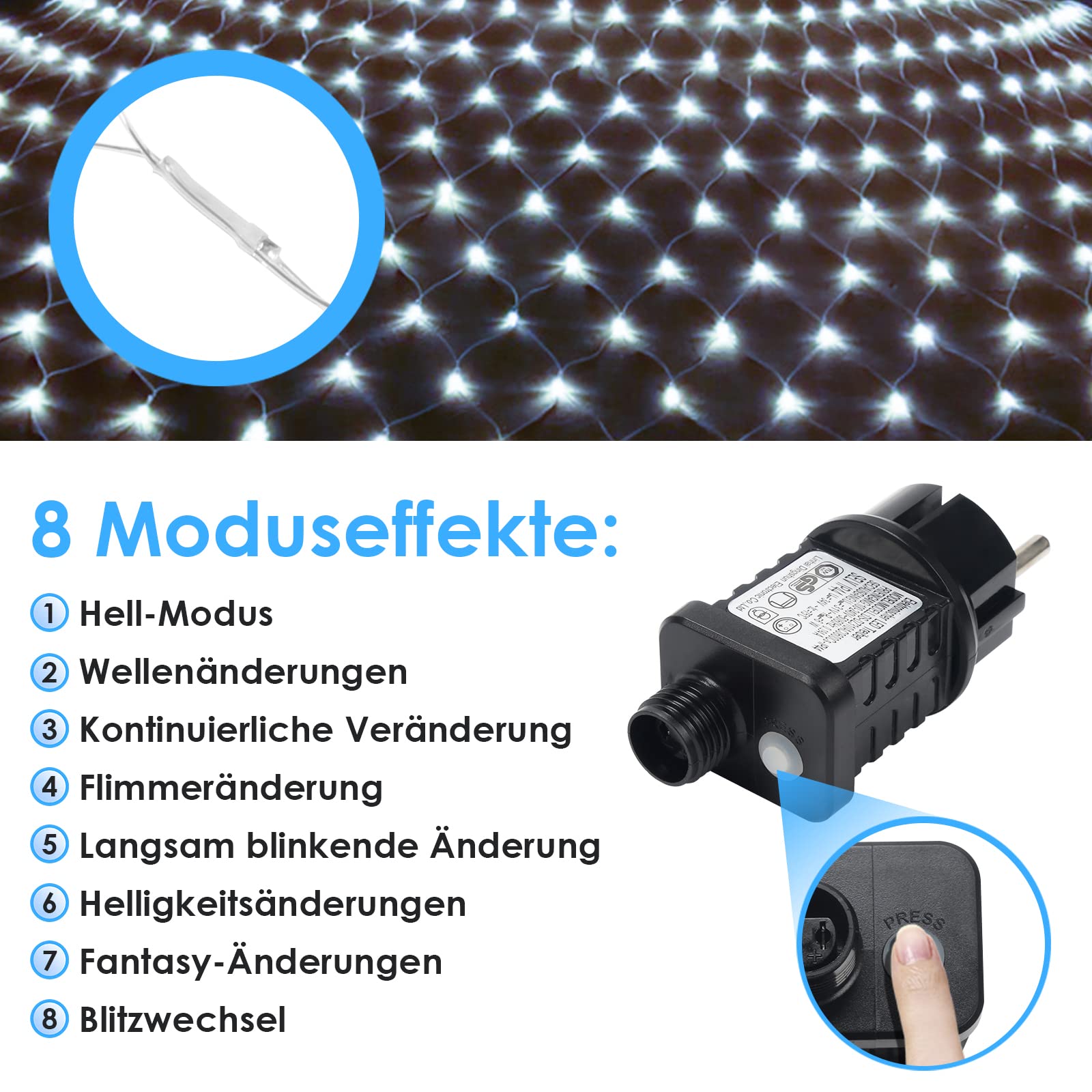 Daromigo Siatka świetlna LED, 300 diod LED, zimna biel, dekoracyjna lampa do użytku wewnątrz i na zewnątrz, z wtyczką (4,5 x 1,6 m, 8 trybów)