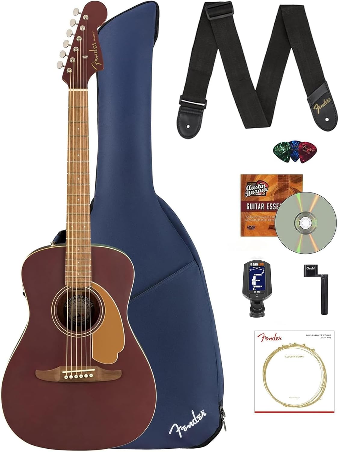 Fender Malibu Player Acoustic Electric Guitar Bundle with Midnight Blue Gig Bag, Strap, Clip-on Tuner, Strings, String Winder, Picks, and Austin Bazaar Instructional DVD - Burgundy Satin