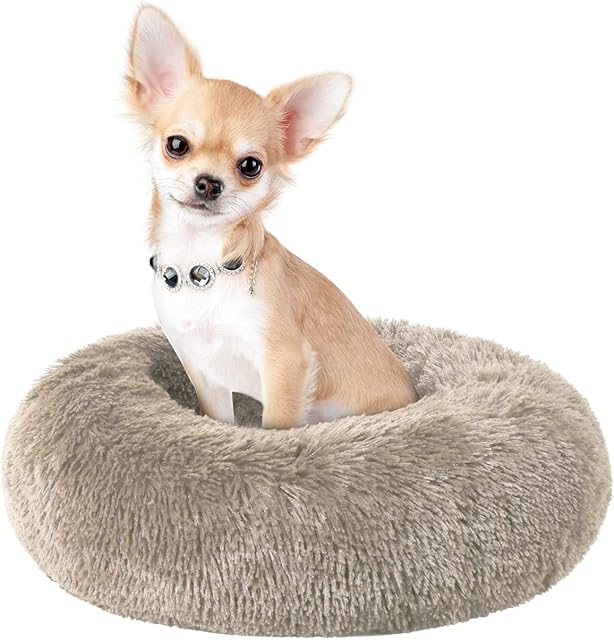 TigTiycH Dog Bed,Calming Cat Beds Small Washable Pet Bed Round Plush Donut Puppy Bed Dog Cushion Machine washable Khaki (Φ15.7in*High 7.8in/40cm*20cm)