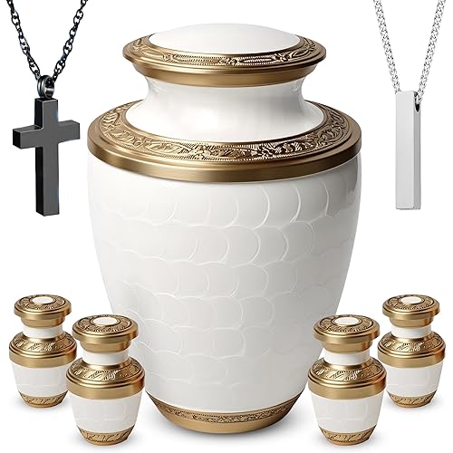 Family Tribute Eco-Friendly White & Gold Cremation Urn for Ashes Set – Large Adult Funeral Urn (220lbs) with 4 Small Urns & 2 Memorial Necklaces (White & Gold Premium URN Set, URN Set)