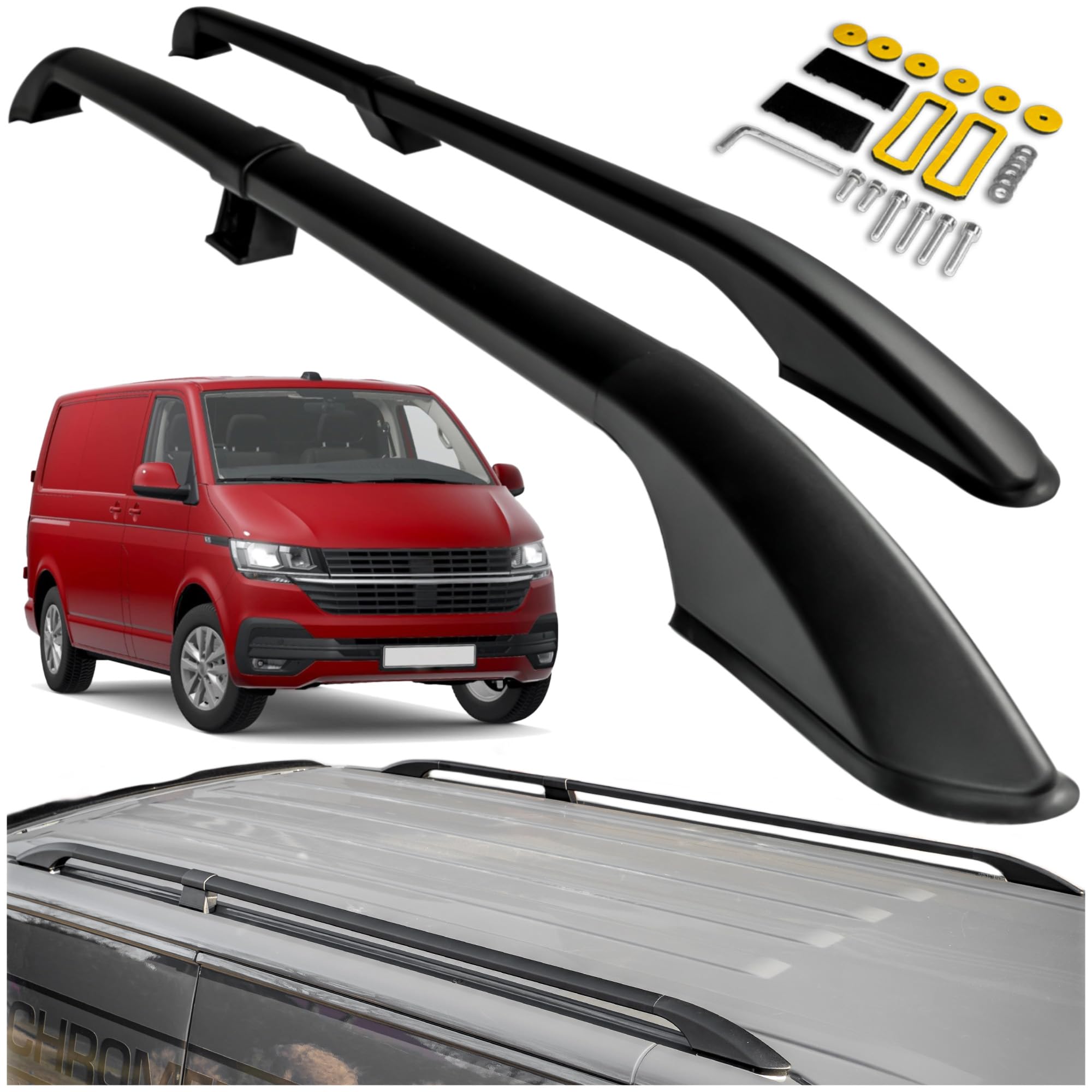 CHROMEMASTER Dachreling Dachträger Kompatibel mit VW T6.1 Transporter Short 2019-2023 | Zur Befestigung der Dachgepäckträger, Dachboxen oder Dachfahrradträger | Robuste Konstruktion aus Alu
