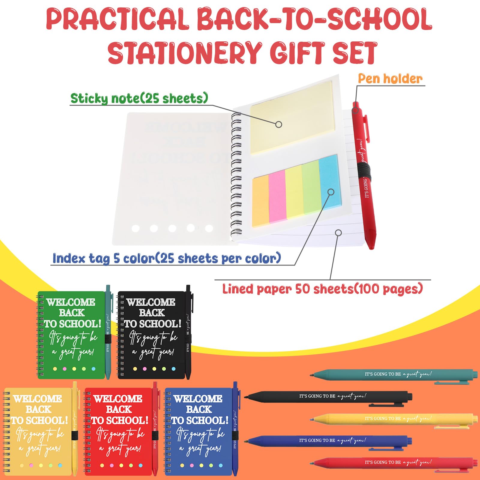 Dunzoom 40 cuadernos de bienvenida para el regreso a clases, 20 cuadernos para el primer día de escuela, con pestañas adhesivas, 20 bolígrafos inspiradores para recompensa para profesores y