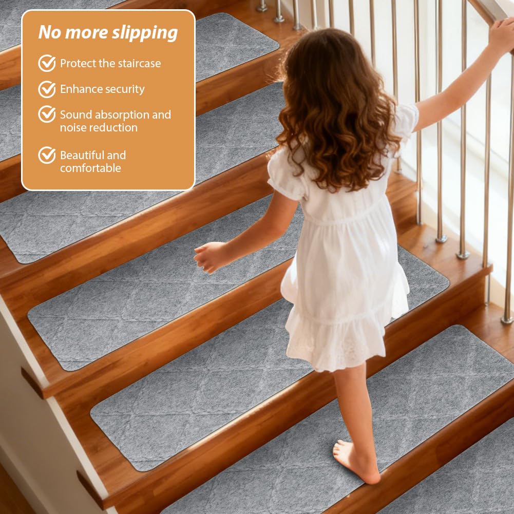 Lot de 15 tapis d'escalier antidérapants et autocollants pour marches en bois, 55 cm x 19 cm, pour enfants âgés et chiens, gris clair