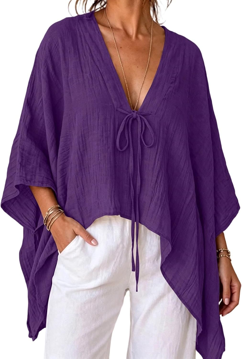Boho Poncho Top for Women Lace-up V Neck 3/4 Batwing Sleeve Shirts | Oversized Tie Front Dolman Tops Casual Loose Fit Vaction Gauze Blouses Asymmetrical Hem Summer Beach Cover ups