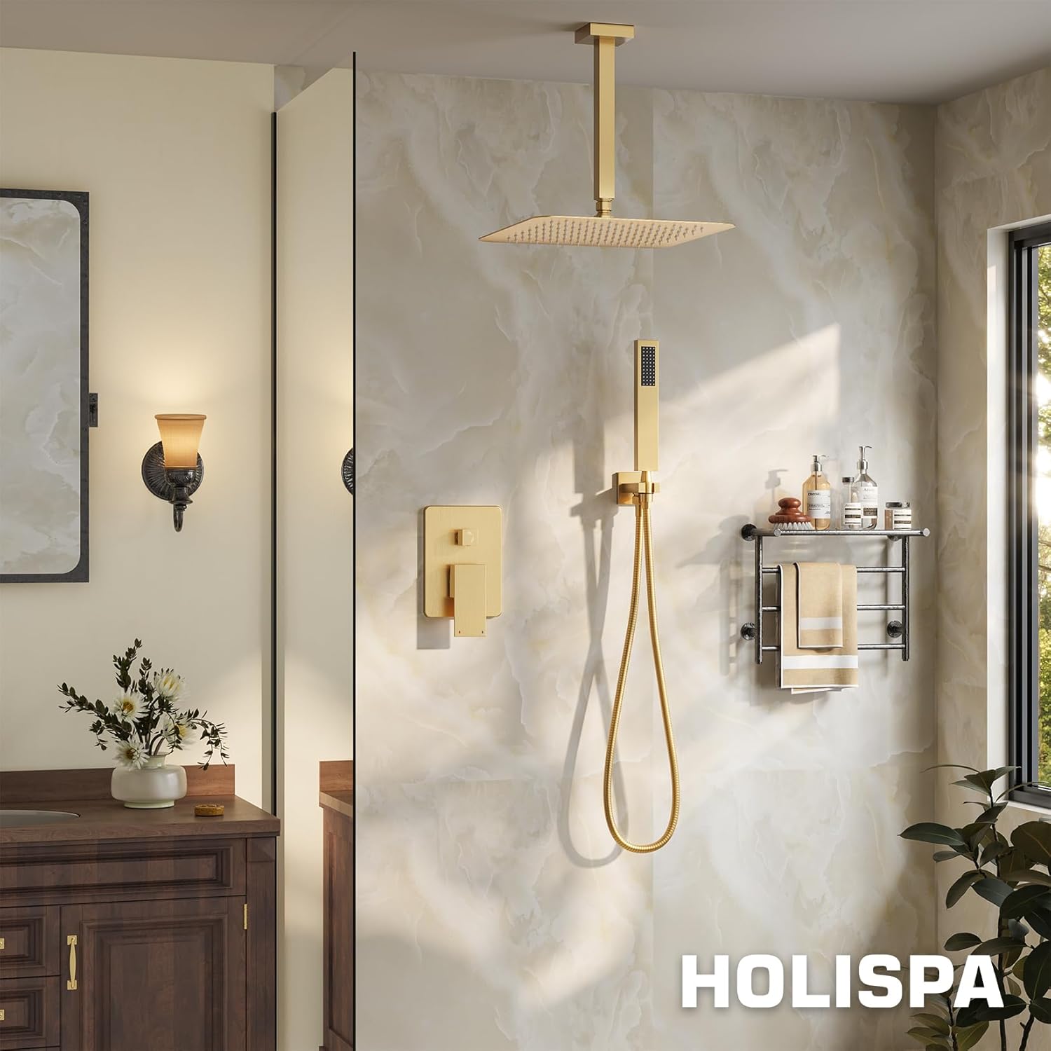 Ceiling Mount Shower Faucet Set, Gold Shower System with 10-Inch Rain Showerhead and Handheld Spray Combo, High-Pressure Showerheads Set with Valve and Trim Kit, Brushed Gold