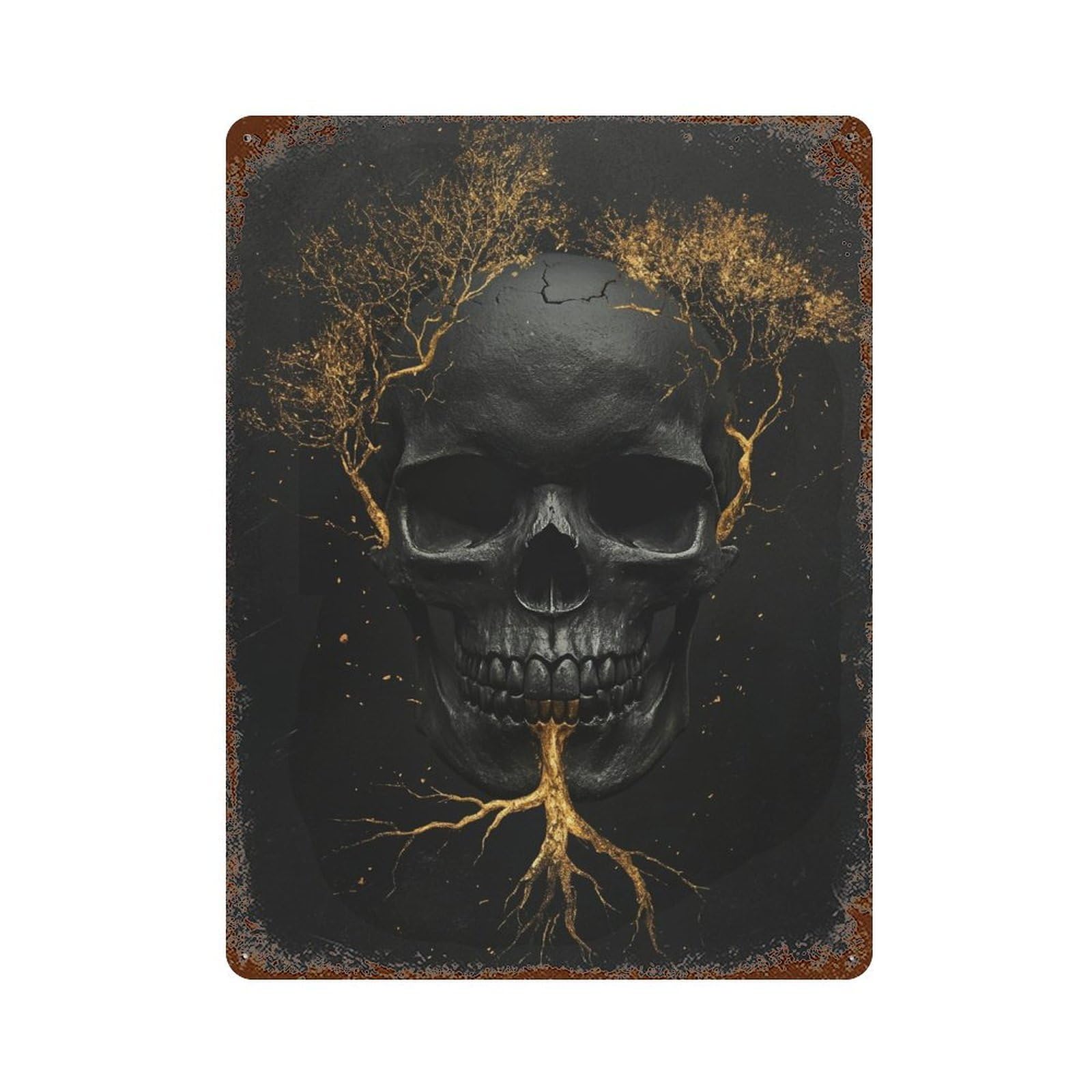 Distressed Metal Wall Sign with Golden Roots Skull Art Design 15.7"x11.8", for Cafe, Home Bar And Lounge Decor, Retro Wall Decor