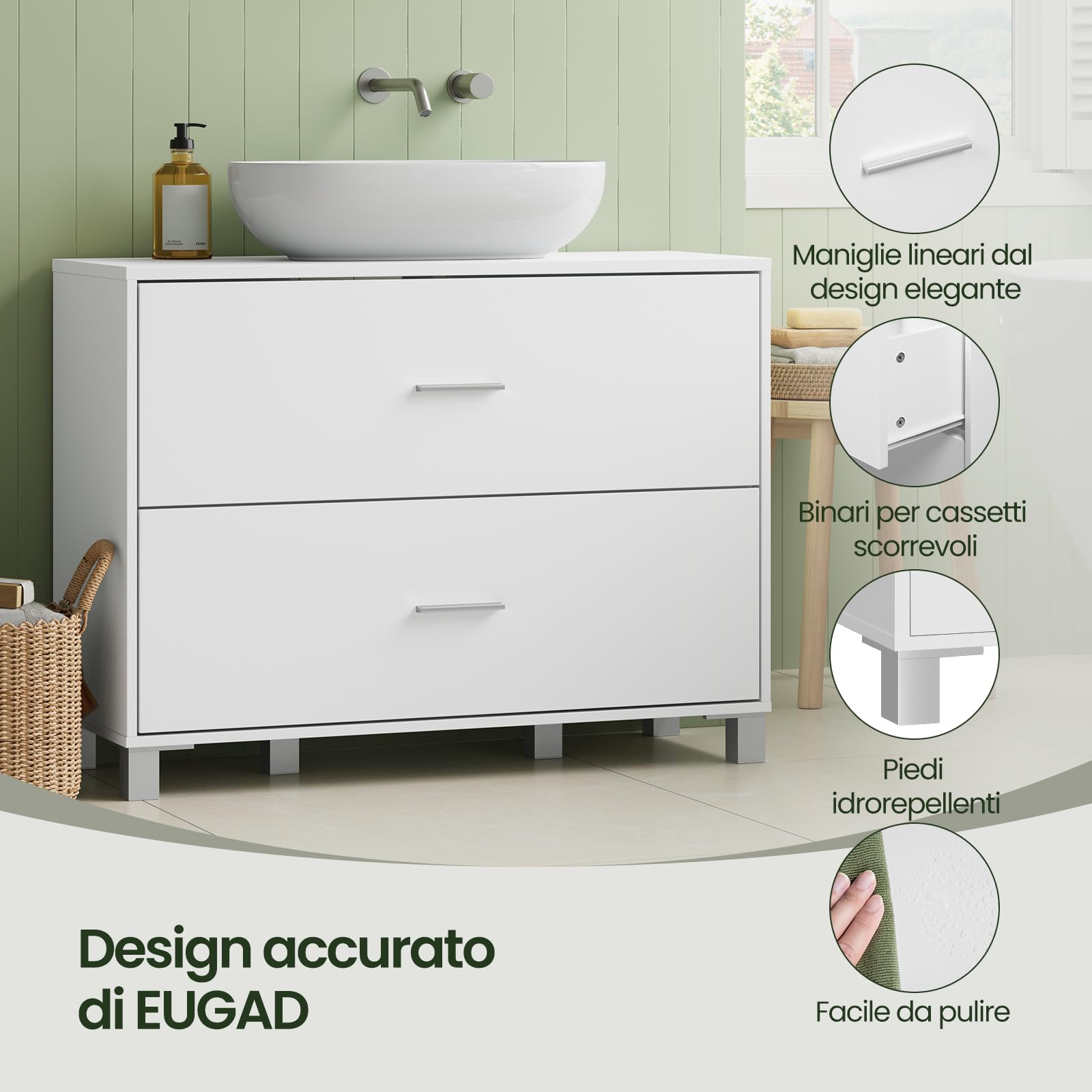 EUGAD Mobile Sottolavabo per Bagno con 2 Cassetti, Mobiletto Bagno Moderno da Terra 80x30x60 cm, con Foro per Sifone 20x22 cm, per Lavabo con Colonna, in Legno e Metallo, Bianco