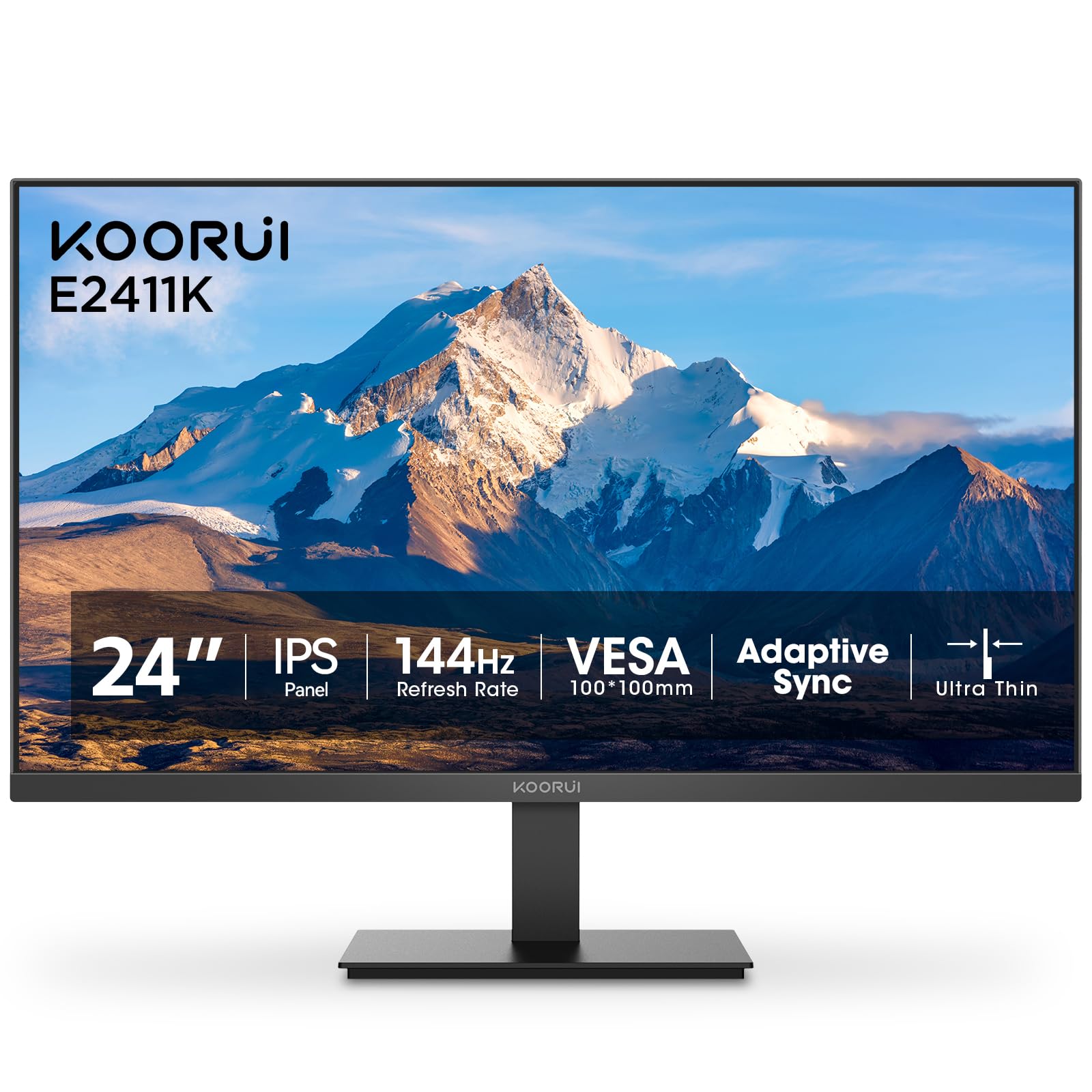 KOORUI 24 Inch Computer Gaming Monitor Full HD 1920 x 1080p 144Hz IPS Ultra-Slim Display with HDMI VGA, Adaptive Sync, 99% SRGB, VESA 100x100mm, Eye Care, Tilt, Black, E2411K