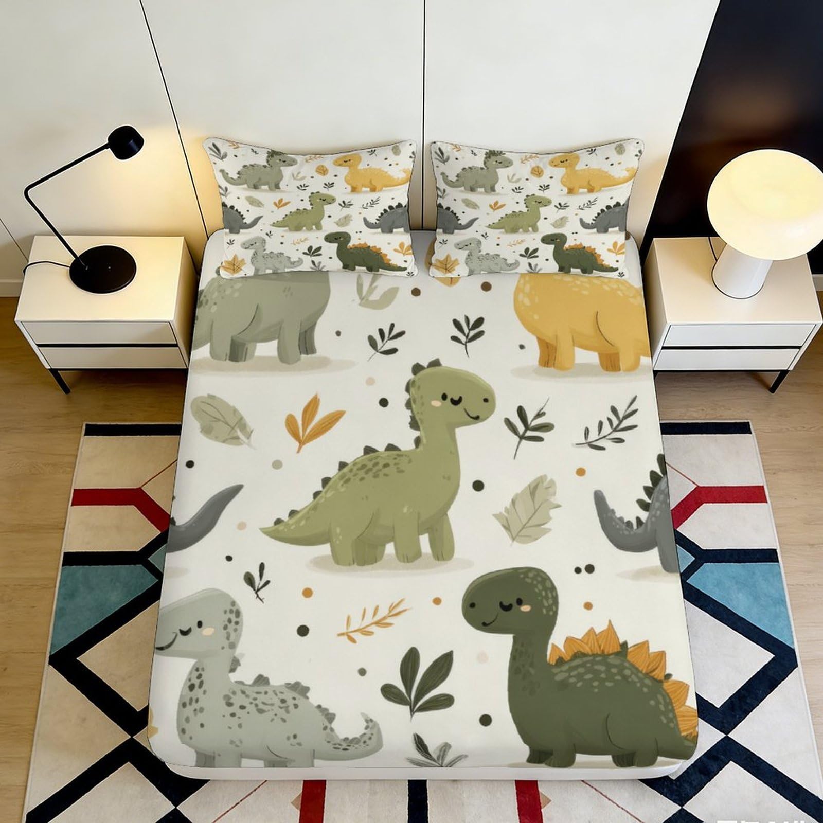 3D Printed Cartoon Dinosaur Fitted Sheet Microfiber Soft Breathable Animal Forest Bed Cover for Bedroom Guest Room Decor 90x200x25cm