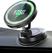 YOSH Magnetic Car Charger Dashboard Mount, 15W Fast Wireless Charger for iPhone 16/15/14/13/12 Series and All Phones (with Metal Ring Included)