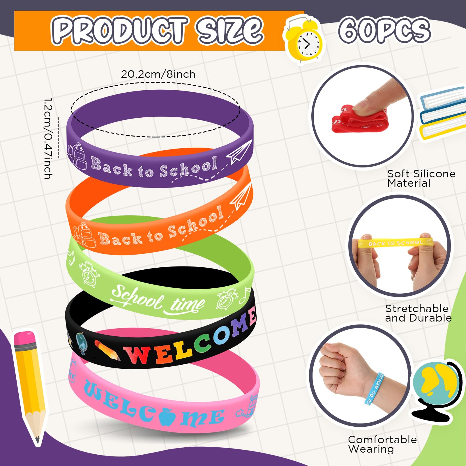 Libima 60 Pcs Welcome Back to School Bracelets Bulk Back to School Rubber Bracelets First Day of School Silicone Wristbands Back to School Gifts Goodie Bags Favors Class Rewards Party Supplies