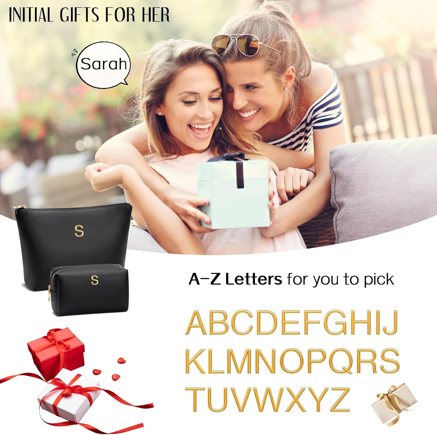 Birthday Gifts for Women Initial Makeup Bag Set Personalized Girl Cosmetic Travel Toiletry Bag Gifts for Bridesmaid Friend Graduation Teachers(Black,A) - Image 2