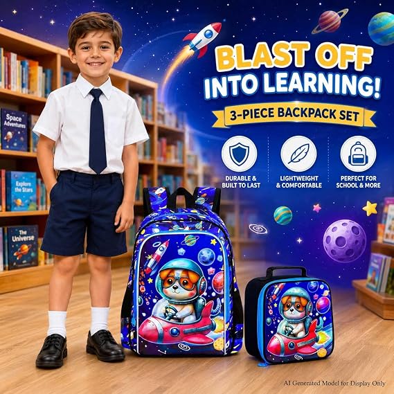 KLFVB 3PCS Boys Dog Backpack, Water Resistant Kids Space Bookbag with Lunch Box, 16 Preschool Backpacks for Elementary - Rocket Dog