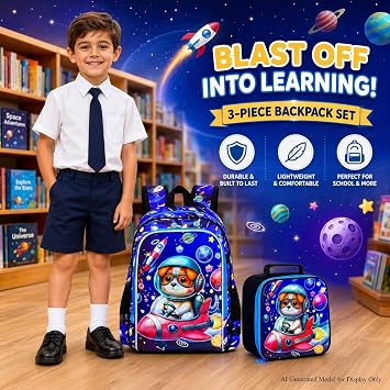 KLFVB 3PCS Boys Dog Backpack, Water Resistant Kids Space Bookbag with Lunch Box, 16 Preschool Backpacks for Elementary - Rocket Dog