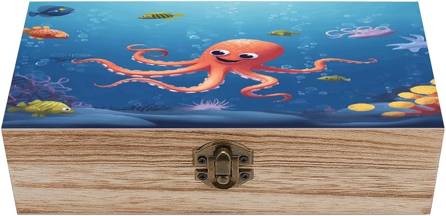 Cartoon Octopus Fish Wooden Storage Box Vintage Jewelry Box