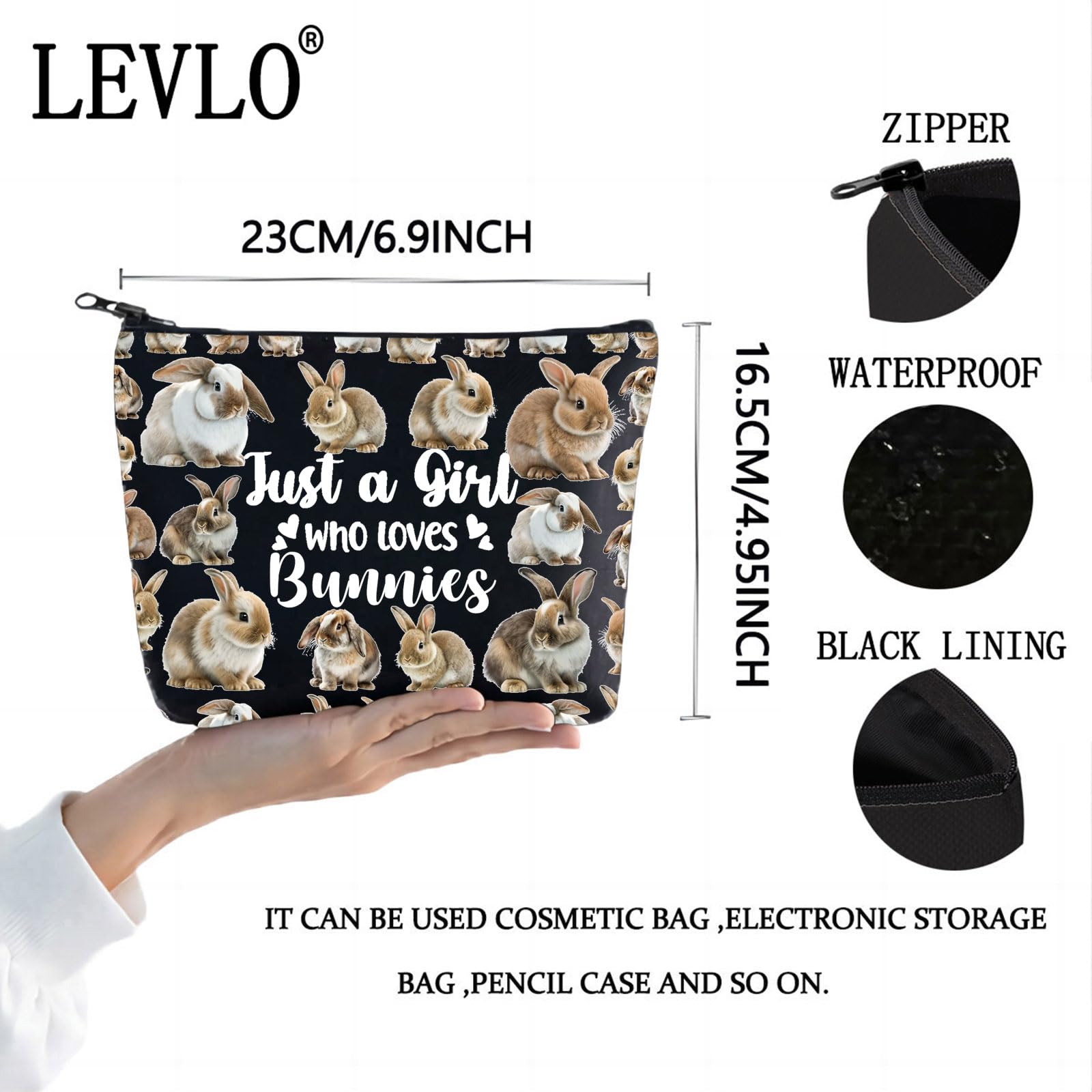 LEVLO Funny Bunny Cosmetic Bag Animal Lover Gift Just A Girl Who Loves Bunnies Makeup Zipper Pouch Bag Bunny Lover Gift for Women Girls Bunnies Black - Image 2