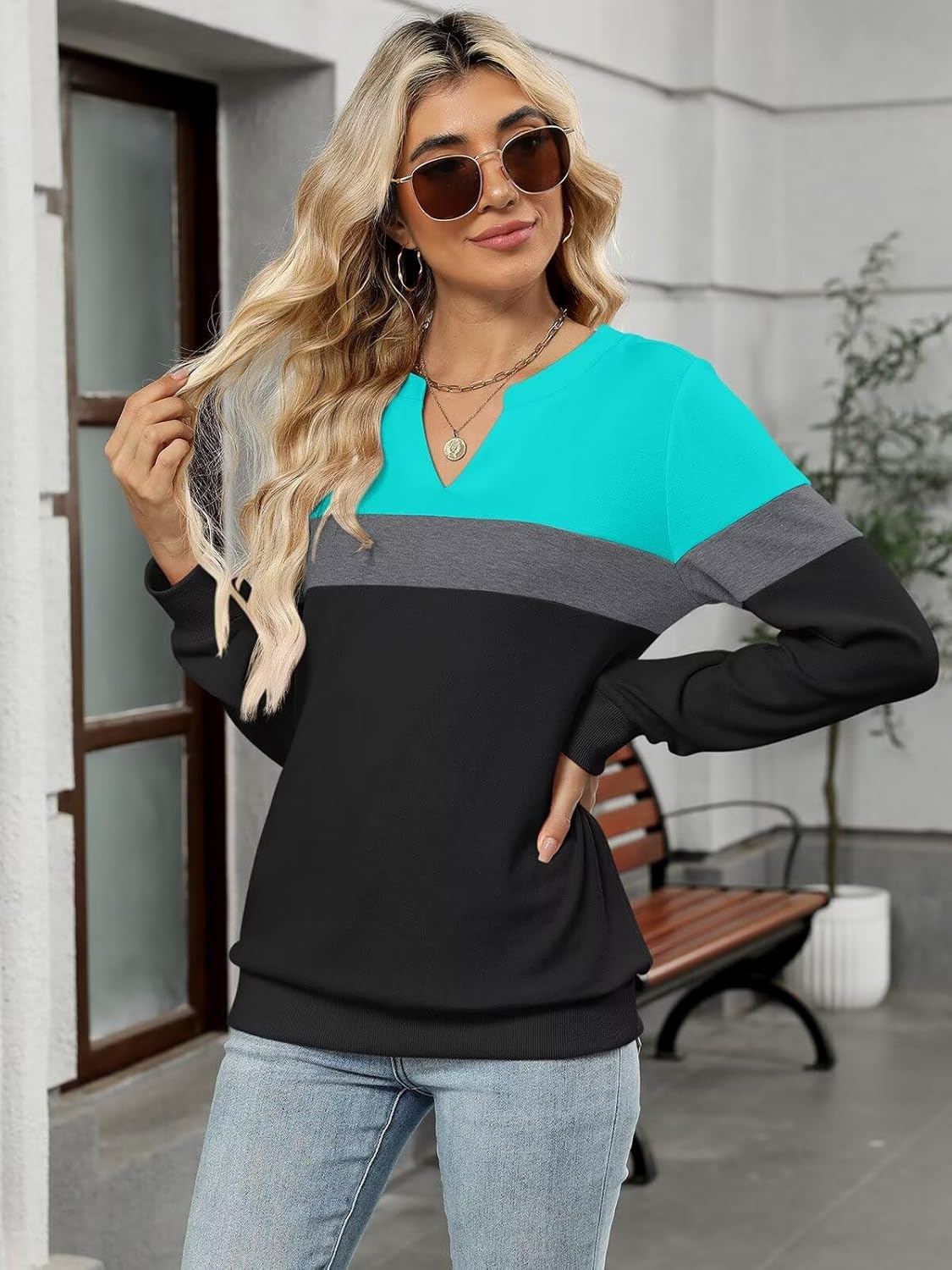 EADINVE Womens Casual Long Sleeve V Neck Sweatshirts Cute Loose Fit Lightweight Pullover Fall Clothes Tunic Tops - Image 5