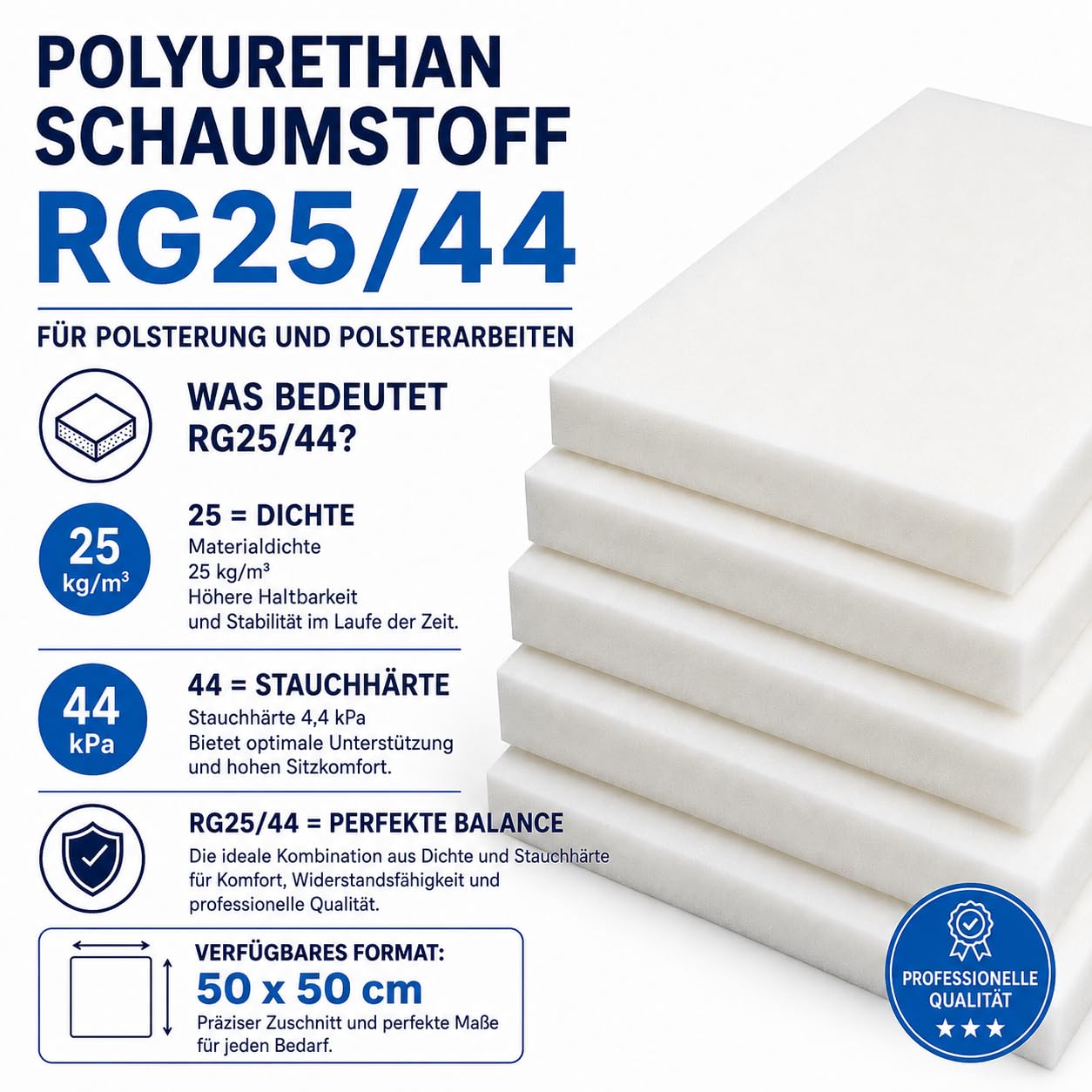 All4All Mousse de Rembourrage - Mousse Haute densité pour canapés et sièges - 50x50x12cm - D25/44