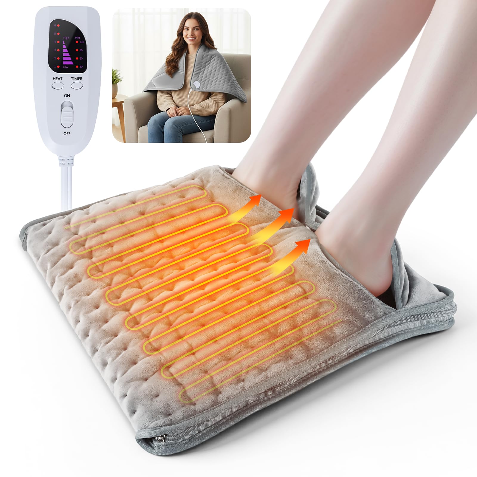 Qoosea Scaldapiedi Elettrico con Cerniera - 6 Livelli Temperatura, 4 Timer, Sicurezza - Lavabile in Lavatrice per Casa, Ufficio, Piedi Freddi e Artrite