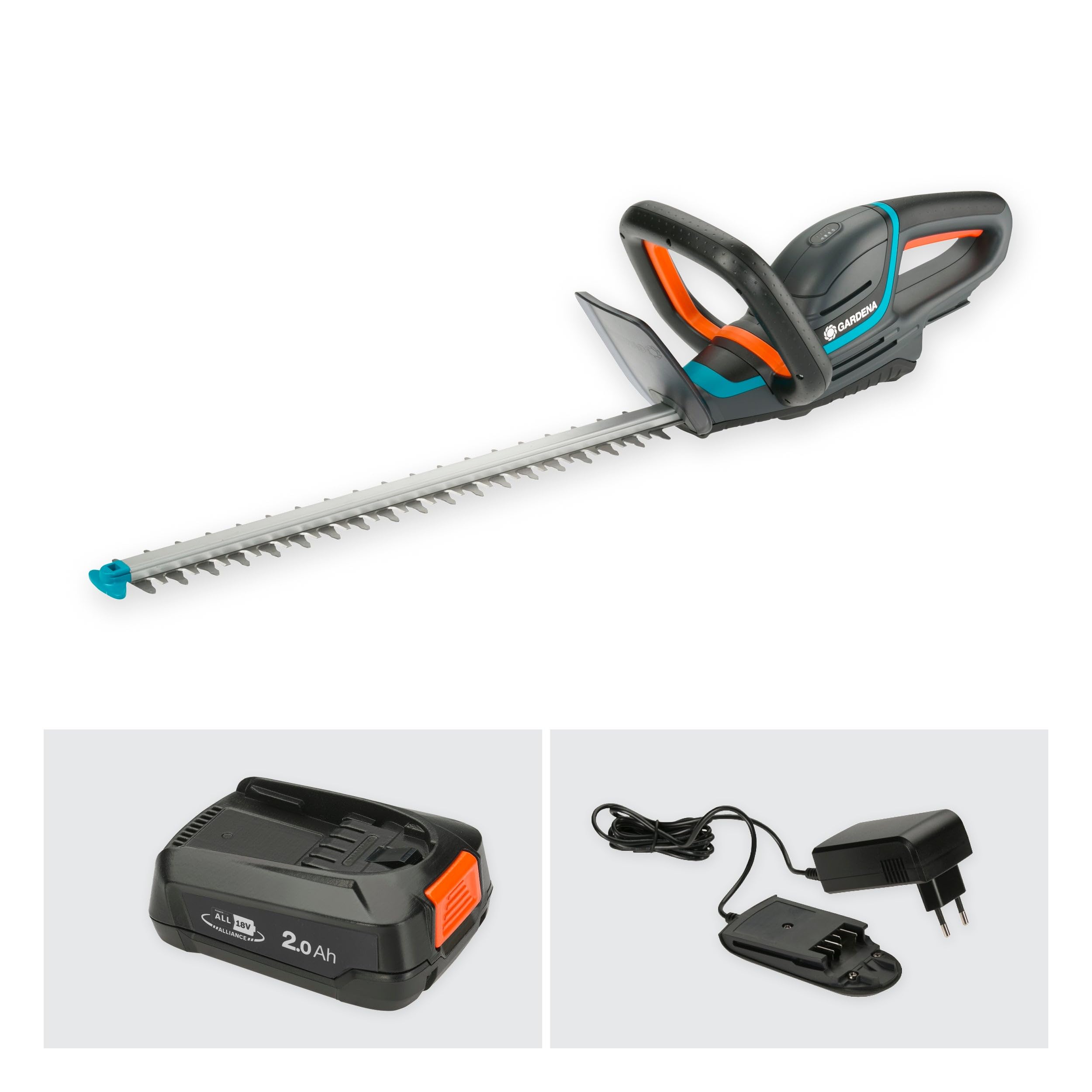 Gardena Akku-Heckenschere ComfortCut 50/18V P4A Ready-to-Use Set: Ergonomisch, Messergeometrie, Leichtgewicht, Akkustand, Kabellos (14730-20)