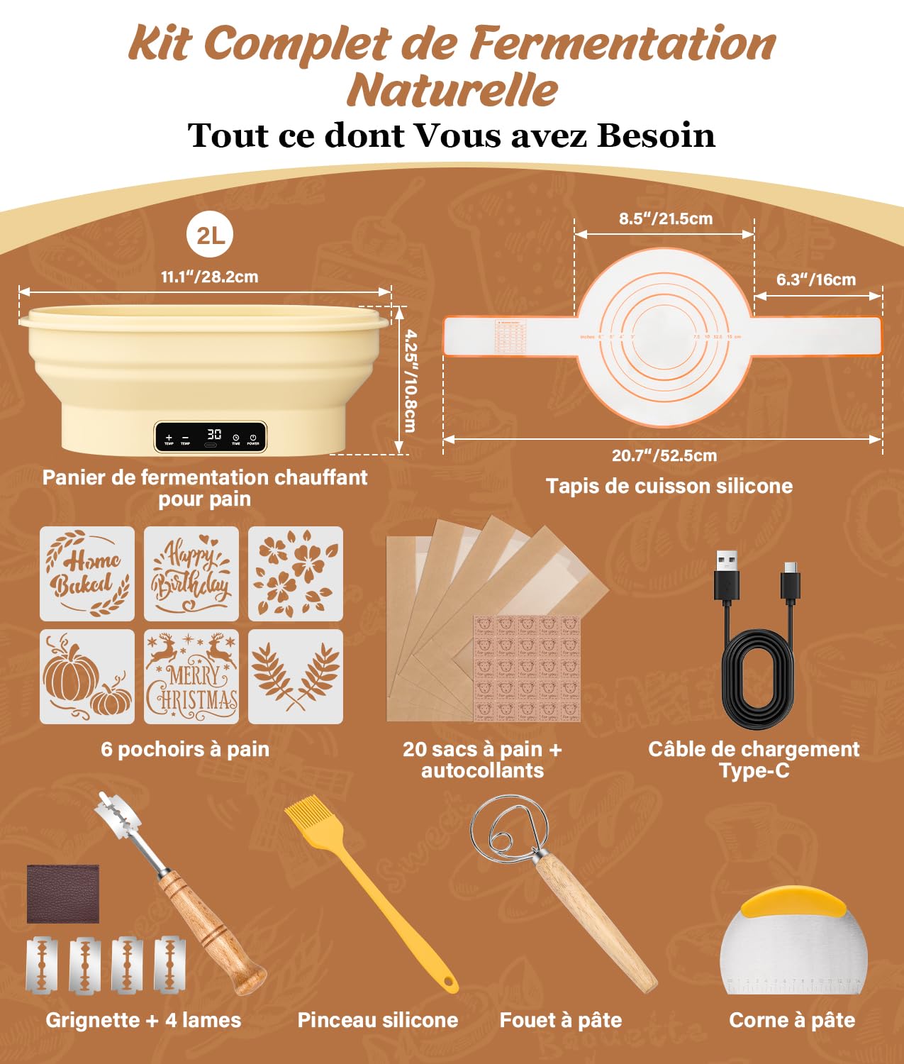 WADEO Panier de Pousse à Levain Chauffant, Chauffe-Levain Pro Électrique - Boîte de Pousse 28cm, Thermostat 6 Niveaux (25-50°C), Minuterie, Silicone Alimentaire Pliable - Pour Pain, Pizza, Yaourt