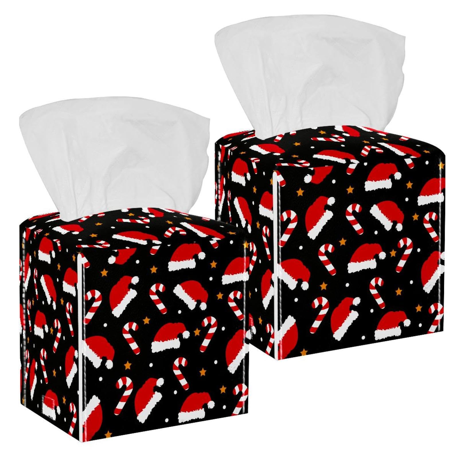 2 Pack Happy Christmas Tissue Box Cover Holder Square Tissue Foldable Cube Cover PU Leather Tissue Organizer with Bottom Belt for Bathroom, Tabletop, Car, Night Stands, Office